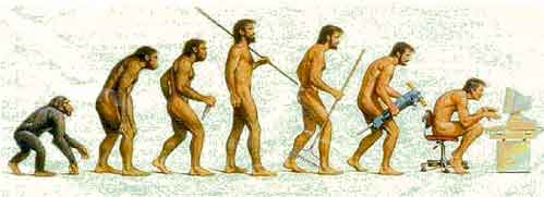 Sequence of pictures showing a stooped ape rising to an upright human, then back down to a slumped computer user