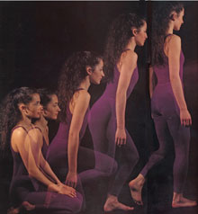 Strobe photograph of woman rising from sitting to standing in relaxed way